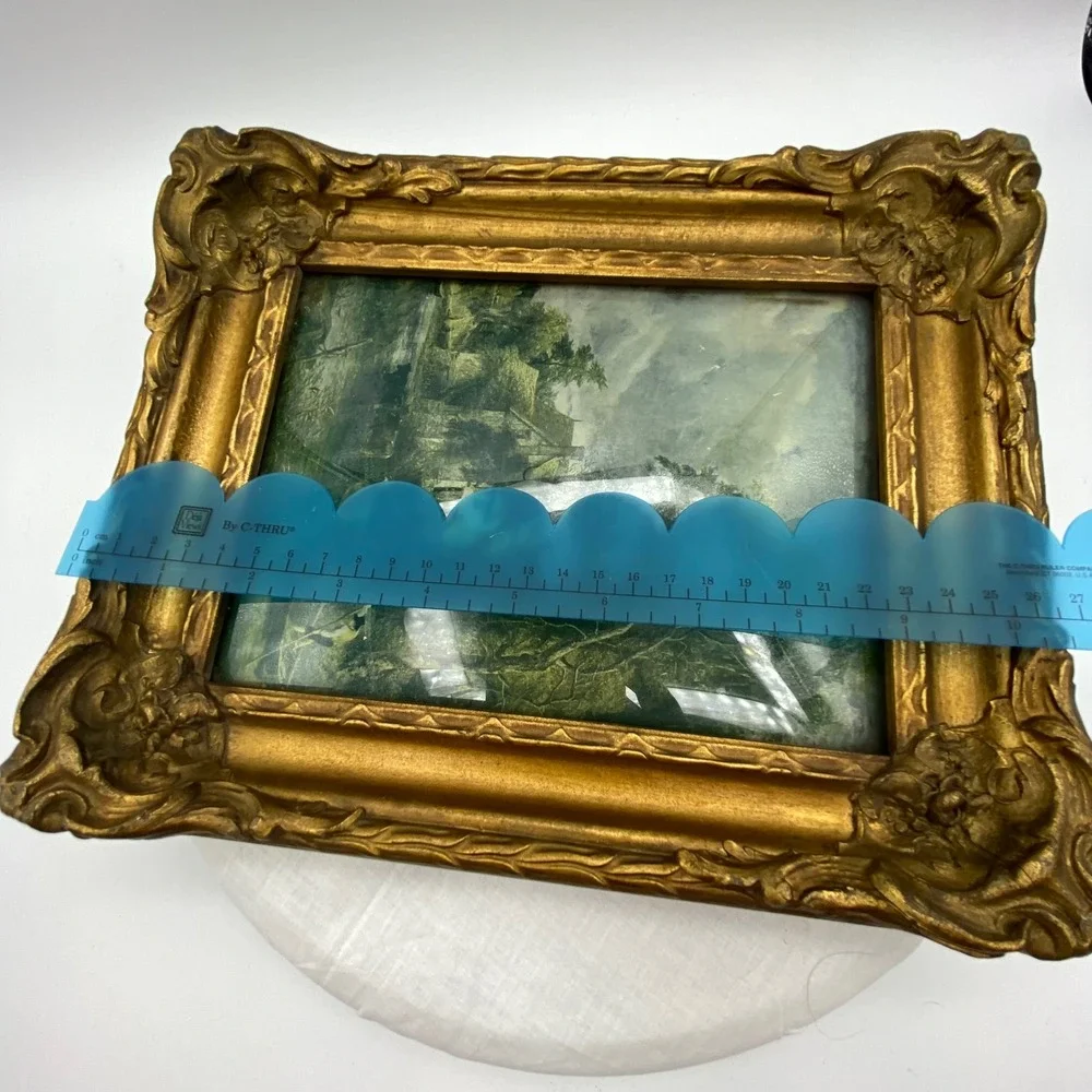 Vintage 10x9 Framed Landscape Gold Ornate Rococo Pastoral Scene Gilt Rustic